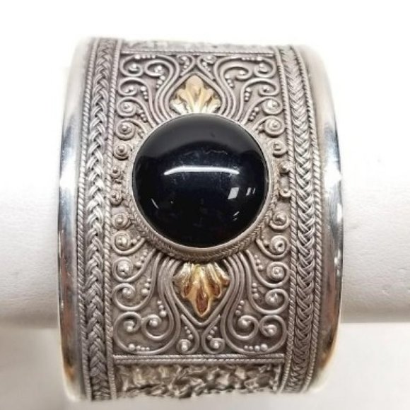 Vintage Sterling Silver 925 Onyx Embossed Cuff Bracelet with Gold Filled Decals - Picture 5 of 6